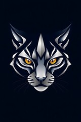 Fototapeta premium Stylized cat head in abstract vector form, sharp angular shapes balanced by curved strokes, metallic silver on matte navy blue, luxurious and modern aesthetic, elegant symmetry