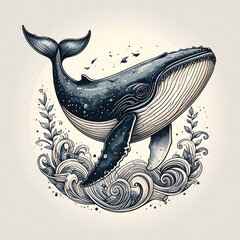 Majestic whale surrounded by waves and stars in fine line tattoo design with stormy grays