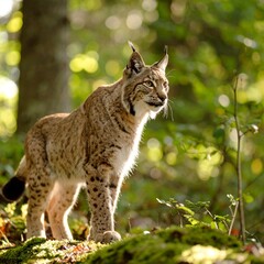 Wild bobcat displaying calling pose in tranquil woodland setting with minimalist aesthetic