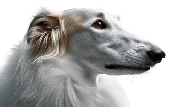 Elegant Gaze: A striking, close-up shot of a Borzoi dog showcasing its regal posture and elegant features. This image highlights the dog's refined beauty and noble spirit.