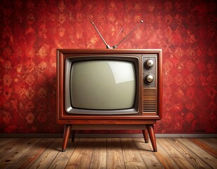 Antique retro television set on wooden floor in vintage poster style with hand-drawn details