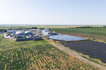 Aerial view of biogas plant using renewable energy for biomethane production