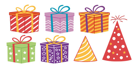 Colorful vector set of festive gift boxes with ribbons and bows for Christmas, birthday, or any holiday celebration