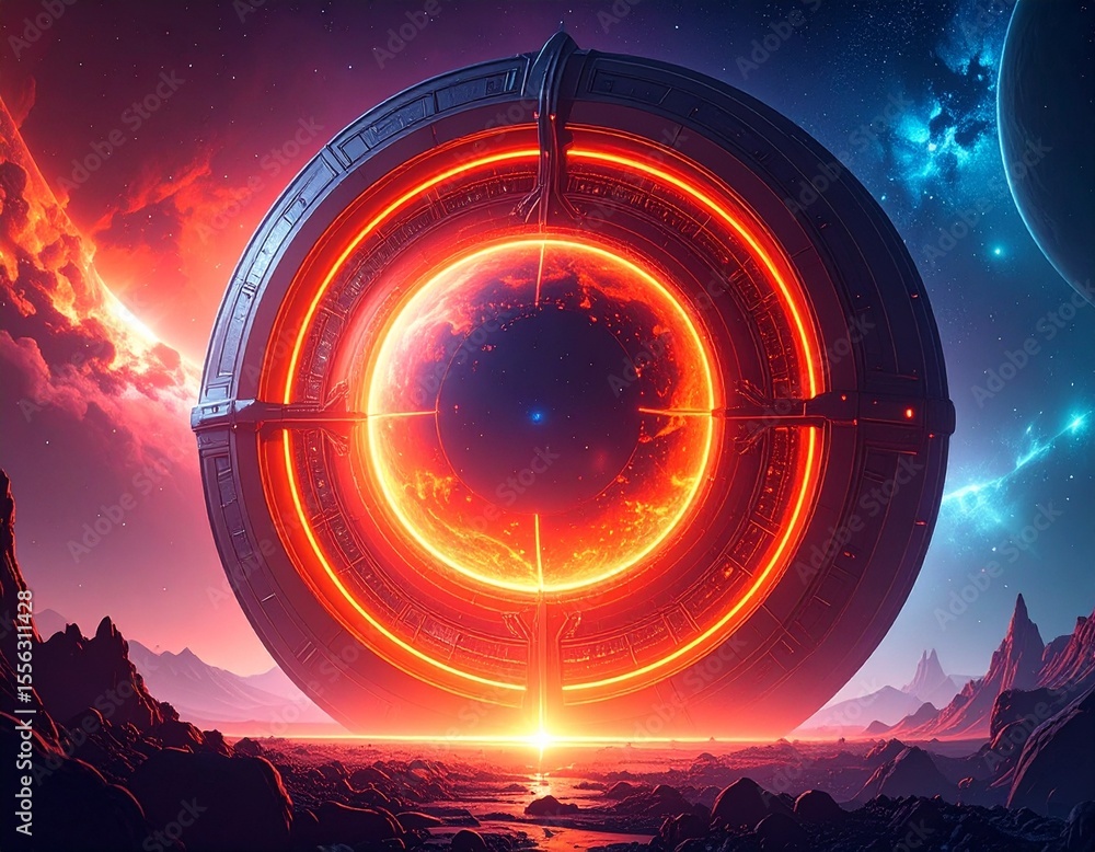 Poster advanced space station featuring a central red circle in a sci-fi energy core design