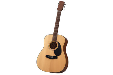 Naklejka premium Light brown wooden acoustic guitar with black pickguard isolated on transparent background, ready for music production