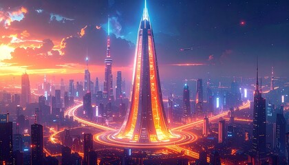 Stunning futuristic city at night with glowing orange accents and breathtaking skyline