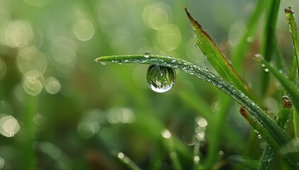 Close-up of a dewdrop hanging from a blade of grass, reflecting the green surroundings