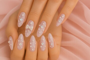 Elegant Pearl and Bow Nail Art Design Closeup Manicure Pink Pastel Nails Bridal Nail Inspiration