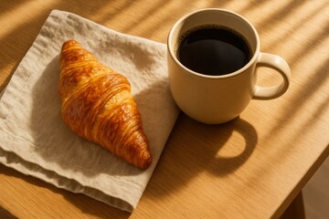 Delicious Buttery Croissant and Coffee on Linen Napkin Warm Morning Light