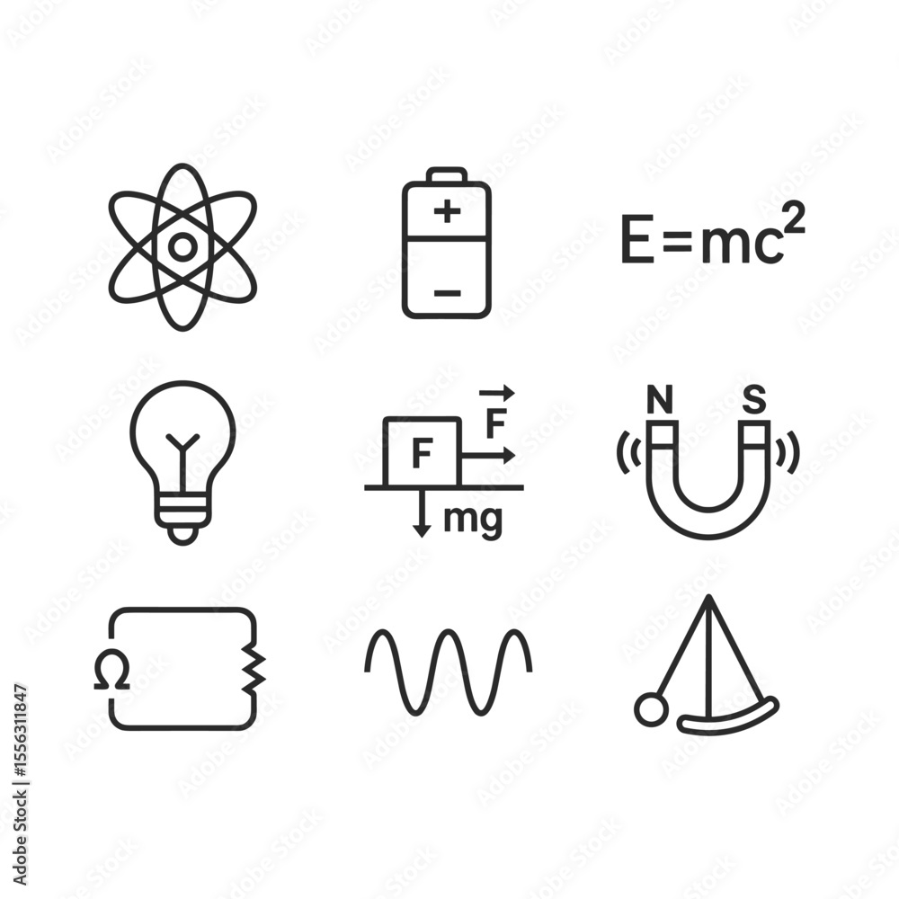 Poster simple physics icons collection vector. outline symbols. line design