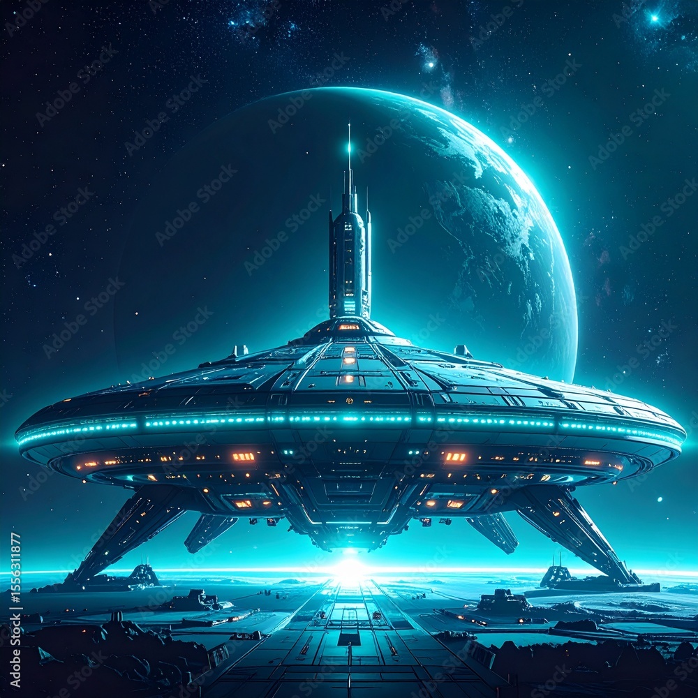 Aufkleber bright turquoise glowing spaceship in sci-fi style with textural elements
