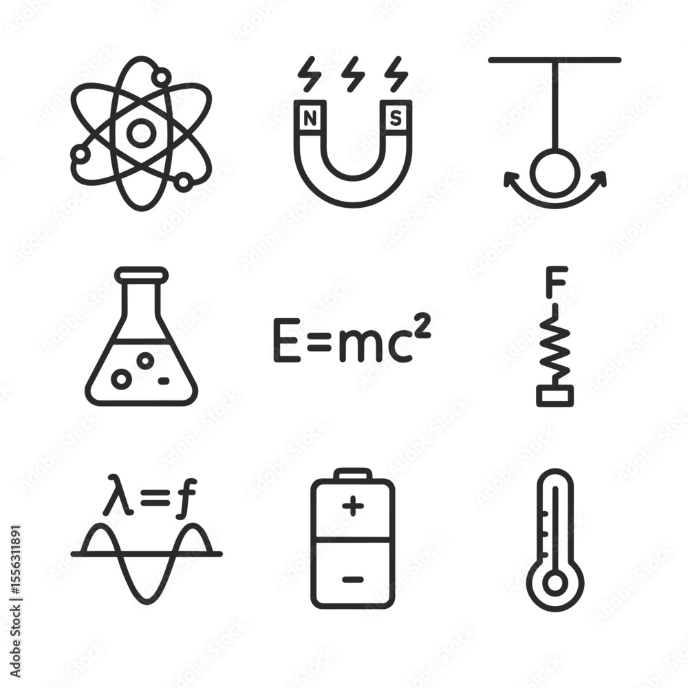 Poster simple physics icons collection for science. outline symbols. line design