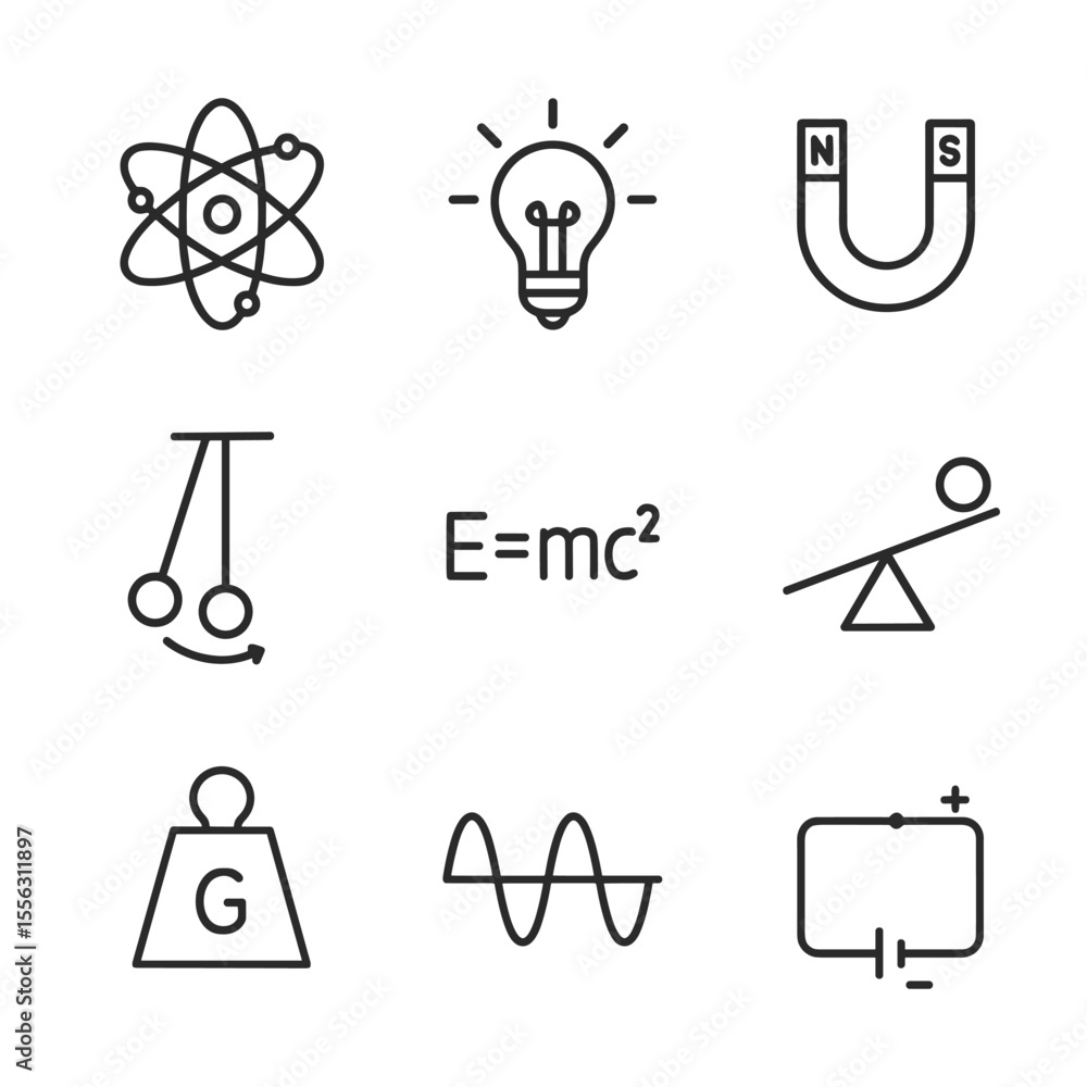 Poster physics icons collection with scientific elements. outline symbols. line design