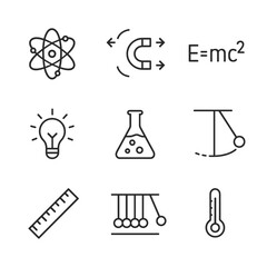 Educational physics icons vector set. Outline symbols. Line design