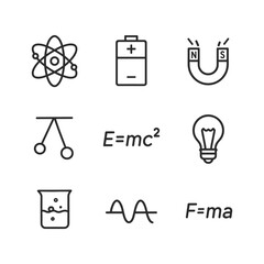 Science physics icons simple vector set. Outline symbols. Line design