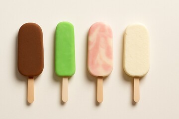 Four Delicious Ice Cream Bars Chocolate Mint Strawberry Swirl and Vanilla on White Background