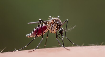 Close-up of a mosquito feeding on human skin
