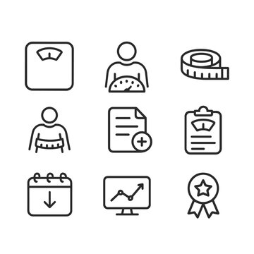 Weight control simple icons set. Outline symbols. Line design