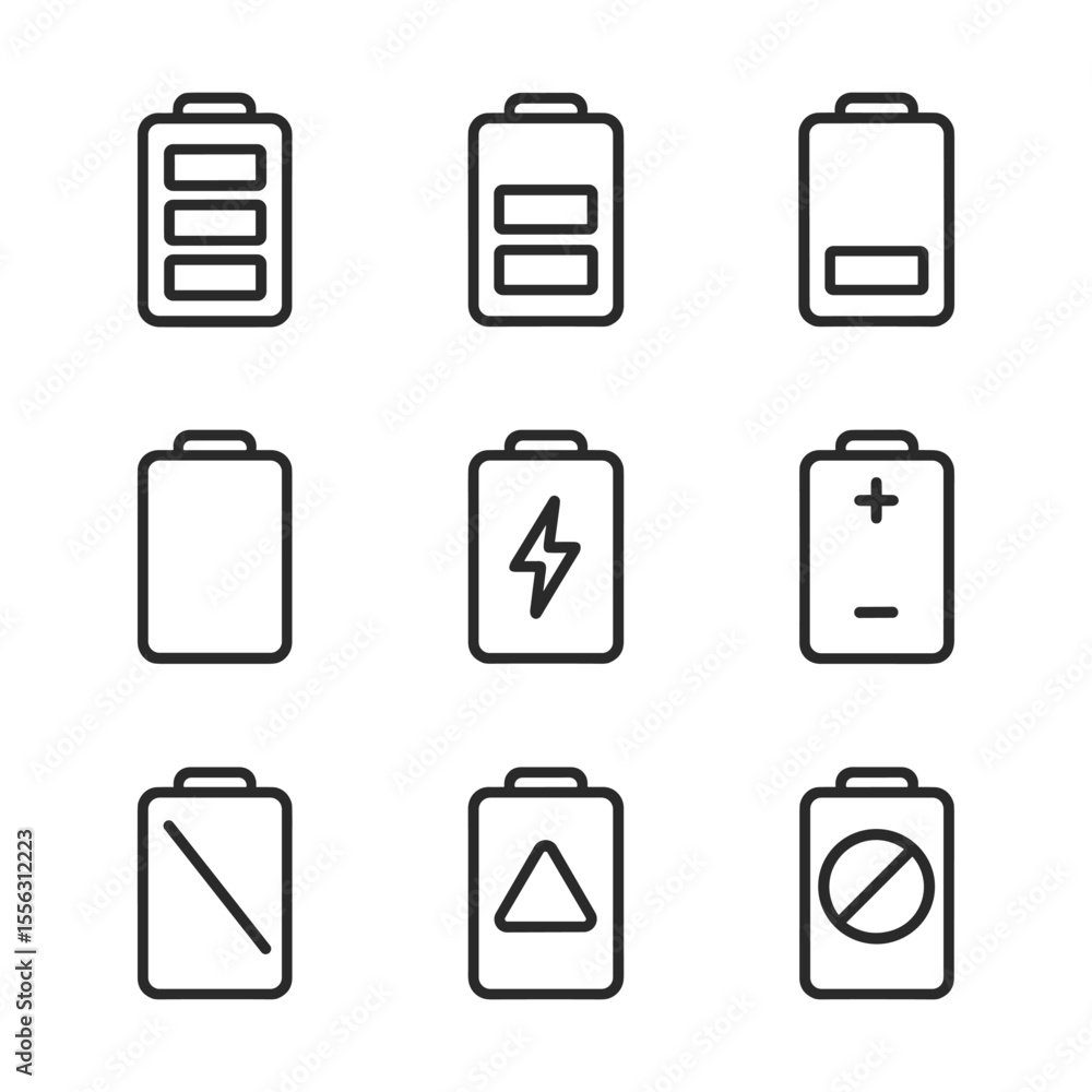 Poster battery icons set simple line style vector collection. outline symbols. line design