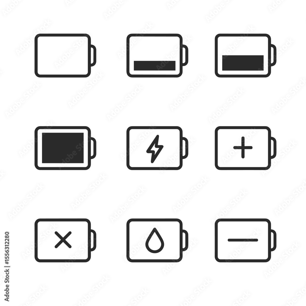 Poster battery power icon collection simple outline vector set. outline symbols. line design
