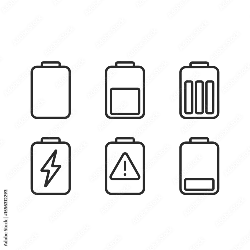 Poster battery status icon set simple line art vector pack. outline symbols. line design