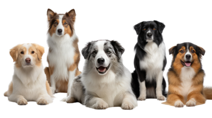 Dogs of Diversity: A group of happy, good-natured dogs of various breeds pose friendly for a captivating portrait, each with unique coat patterns and expressions.