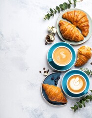 Serene flat lay of a croissant and cup of coffee on a concrete base with muted colors