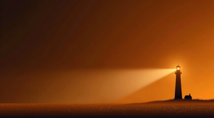 Lighthouse shines brightly in a hazy orange sunset, beam of light across water