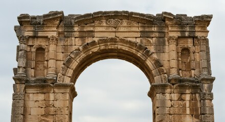 Obraz premium Ancient Stone Archway Ruins with Intricate Carvings and Weathered Texture in Overcast Sky