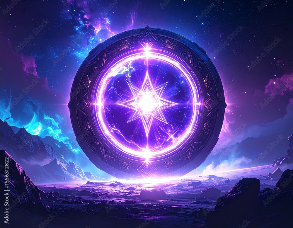 Poster deep violet glowing orb with a star at the center in a futuristic sci-fi style and design