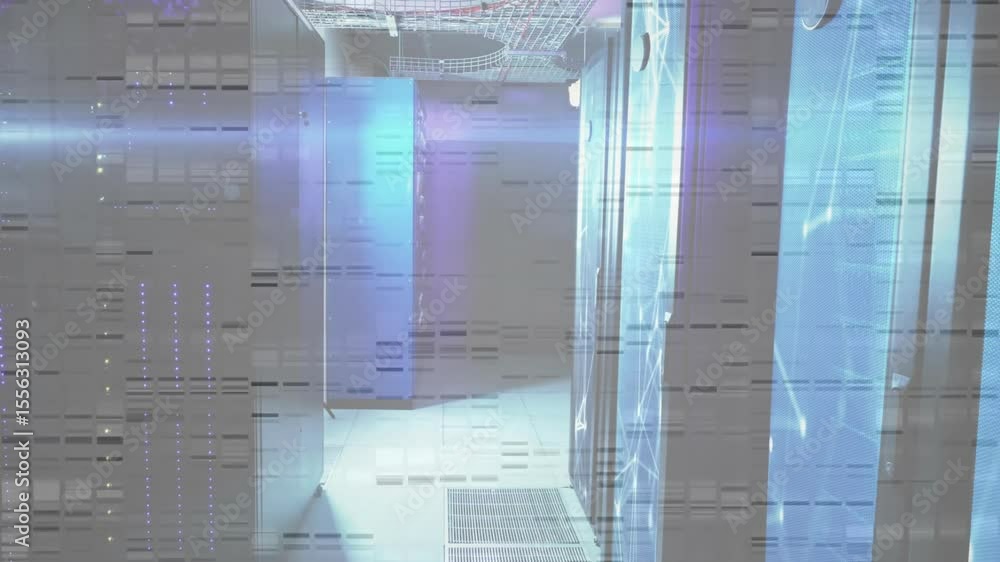 Poster opening server corridor initiating glitch overlay drifting across racks simulating corrupted feed