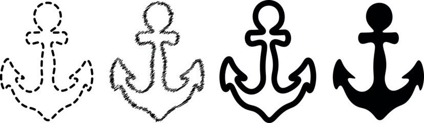 Vintage Nautical Anchor Icon Set – Black Silhouettes and Line Art Collection of Maritime Anchors for Logos, Tattoos, and Marine-Themed Designs