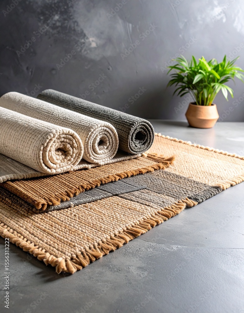 Poster rolled up rug resting on table in a refined permaculture design space with stone gray elements