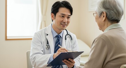 Caring Asian Doctor Consults with Senior Patient Taking Notes.