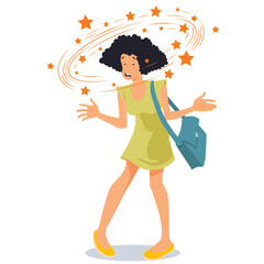 Woman with dizziness and stars flying around head.