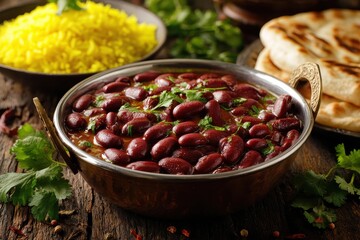 Rich dish of kidney beans in sauce with yellow rice and naan bread on a rustic table