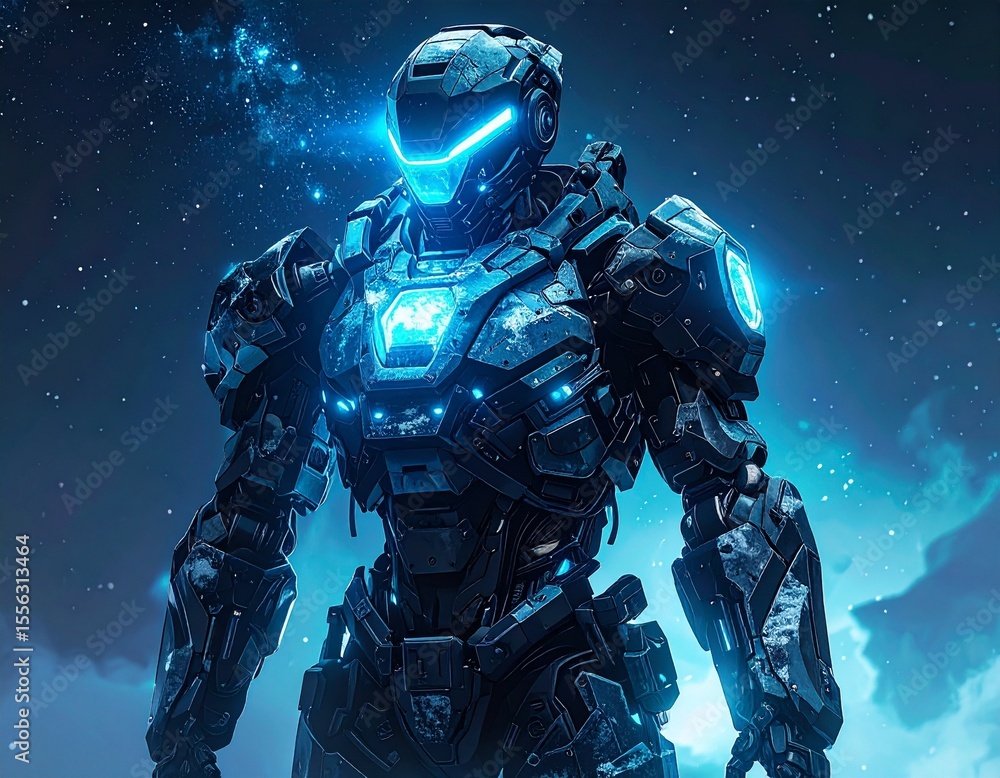 Aufkleber futuristic robot with exoskeleton hovering in icy cyan sky with textures and glow