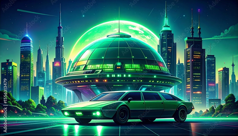 Poster futuristic cityscape with glowing dome and spaceship set against a pixelated background