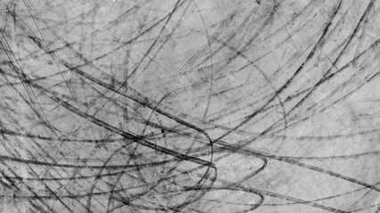 Aerial view car tire marks abstract street road background with black tire marks on race track,...