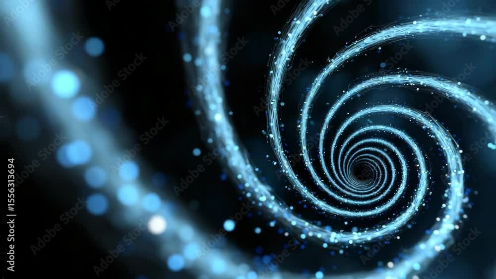 Poster Abstract glowing spiral of blue particles going to infinity. For technology, data and digital concepts Hypnotic animation of light particles forming a vortex. For futuristic, space or science projects