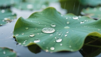 Raindrops glistening on a large green lotus leaf, set against a serene water background.