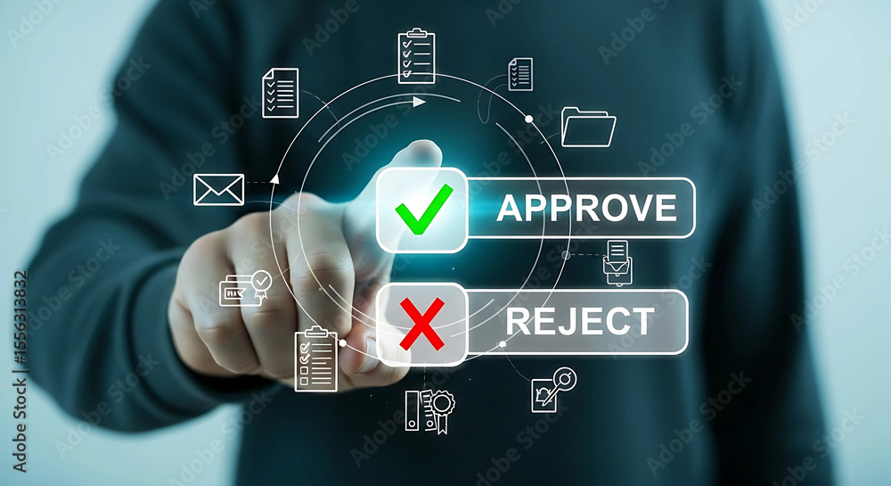 Poster hand selecting approve option on digital interface with icons