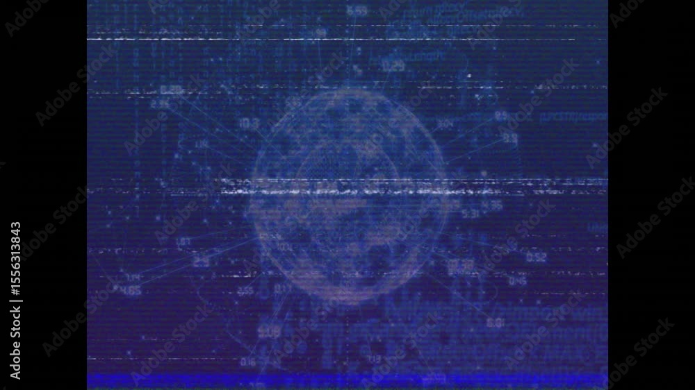 Fototapete scan line starting wireframe globe rotating with labels shifting and glitch lines displaying feed
