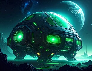 Futuristic space pod hovering over a colorful planet with glowing green light textures