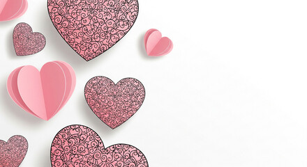 Obraz premium Pink paper hearts with decorative patterns on white background