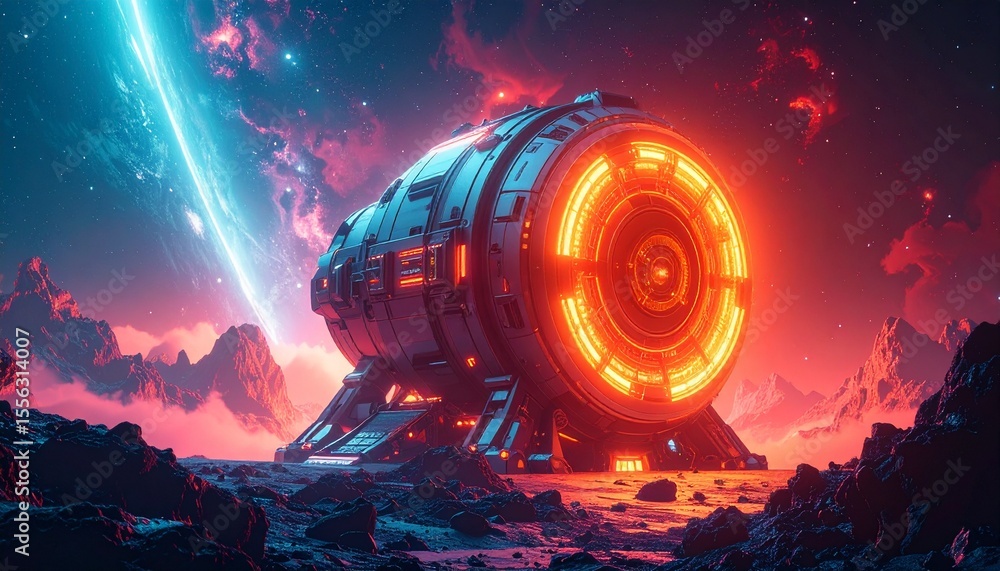 Poster Spaceship in the distance of a planet with vivid coral glow and epic sci-fi design elements