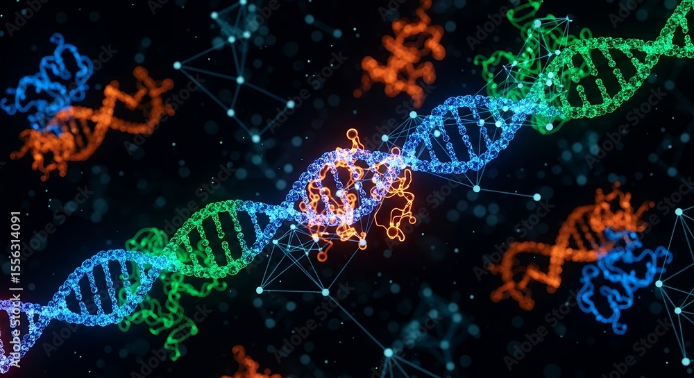 Poster abstract digital visualization of dna double helix and molecular structures representing genetics bi