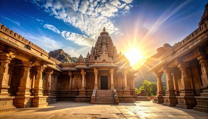 Fototapeta premium Dramatic worms eye view of majestic temple with sunset sky at historic location in india