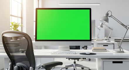 Workspace with Green Screen Computer Monitor, Bright Office Desk with Modern Desktop, Clean and Minimalist Office Setup with Mockup Screen Display