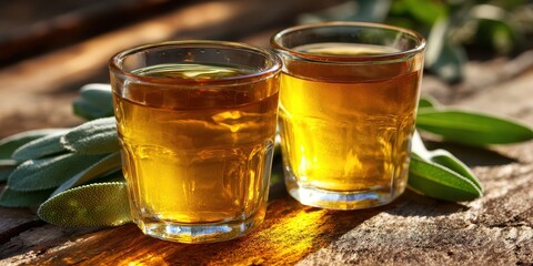 Two small glasses of golden liquid placed on a rustic wooden surface with green leaves